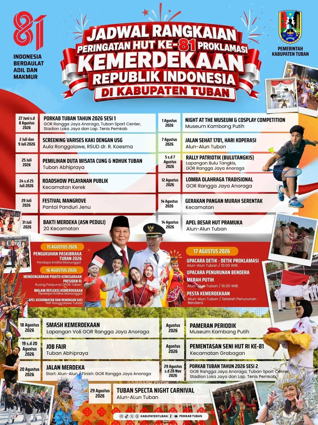 Jadwal Rangkaian Peringatan HUT Ke-81 Kemerdekaan Republik Indonesia Tahun 2026 di Kabupaten Tuban